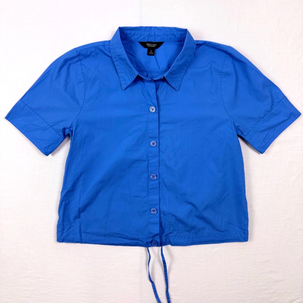Simply Vera Vera Wang Blue Button Front Drawstring Blouse Small